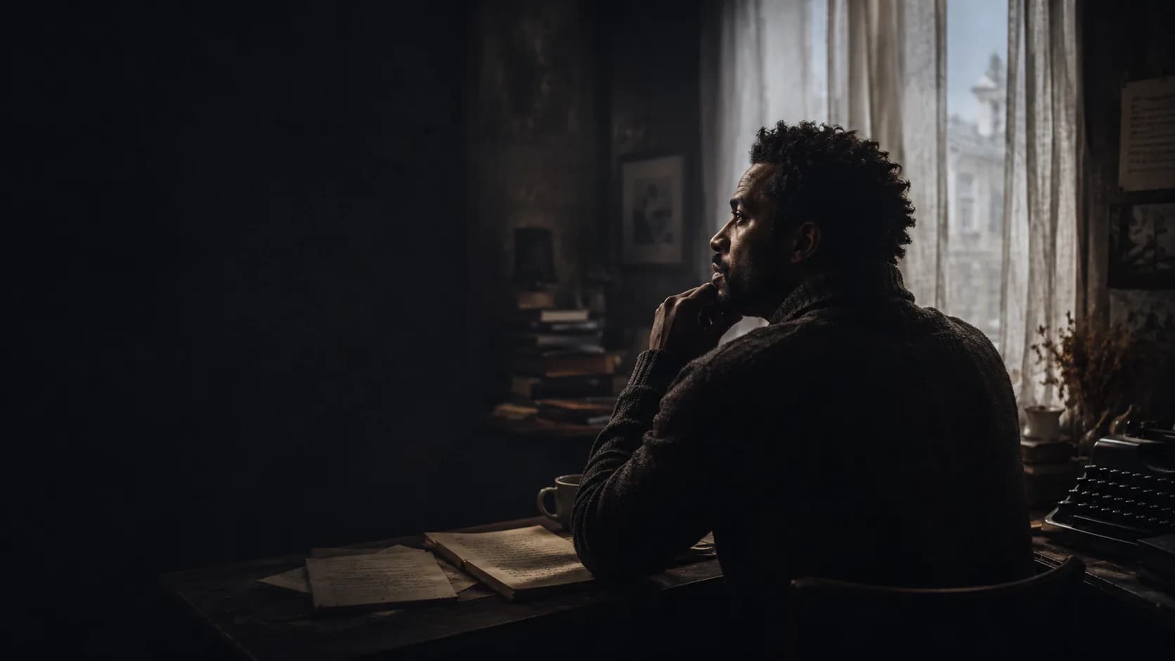 A writer seated at a desk beside notes and a typewriter.